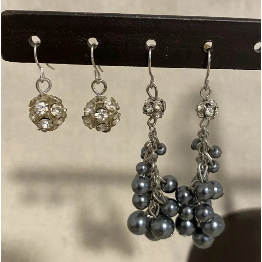 Vintage Set of 2 Dangle Rhinestone Ball Earrings Elegant 80's Fashion Jewelry